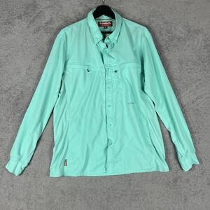 Simms Fishing Shirt Mens Large Aqua Green Long Sleeve Snap Button Vented Mesh